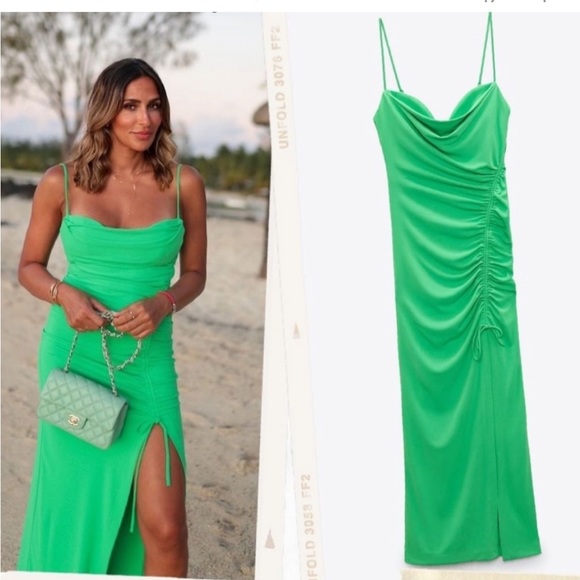 ZARA STRETCH KELLY GREEN SWEETHEART DRAPED DRAWSTRING SLIT MIDI MAXI DRESS $59.9 - Picture 6 of 17